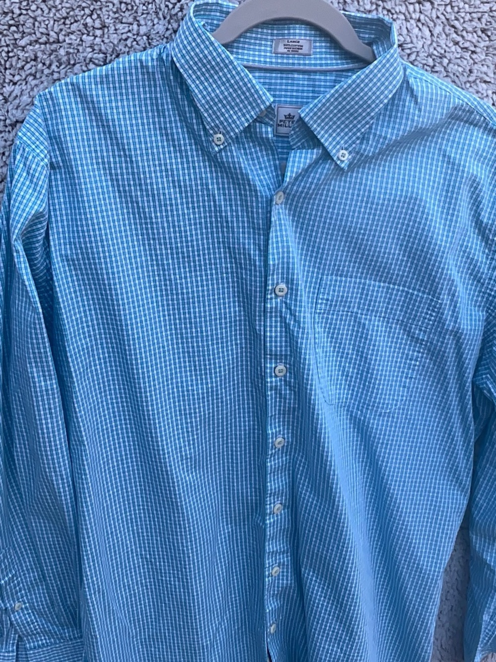 Peter Millar blue and white checkered button down shirt.  Size Large